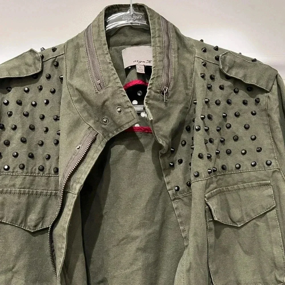 Aryn K. Sampson Jacket Olive Green moto military cargo jacket with black studs